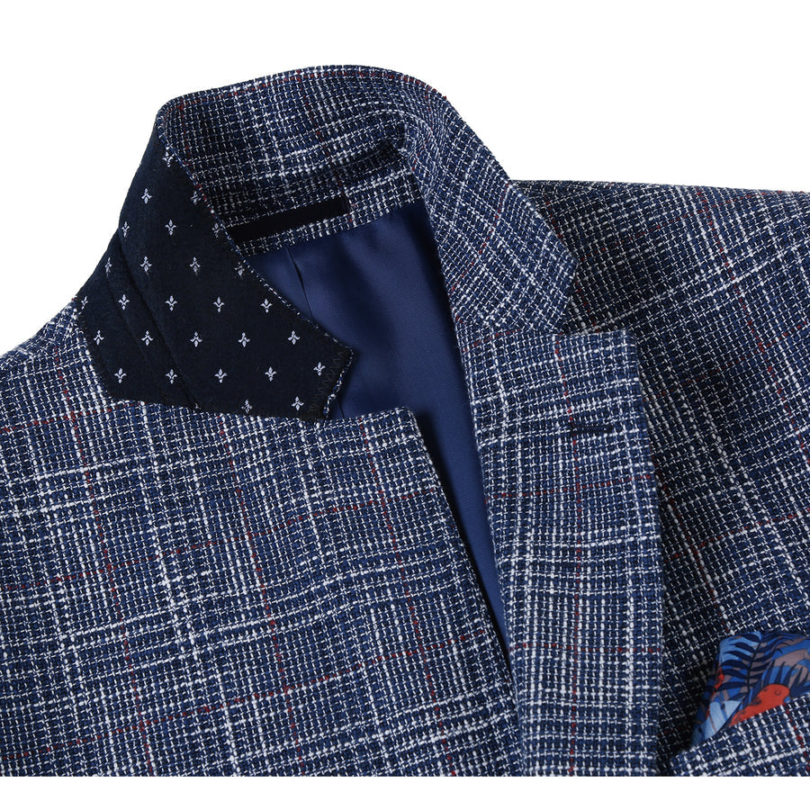 Mens Slim Fit Two Button Wool & Linen Sport Coat Blazer in Blue Windowpane Plaid