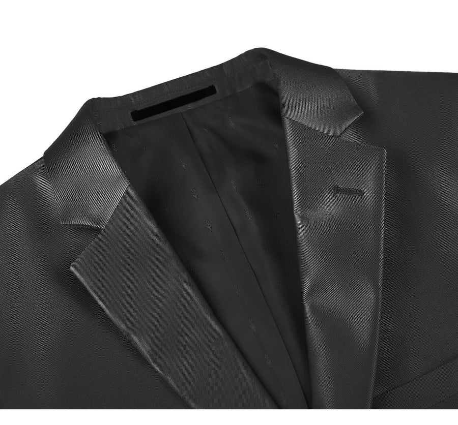 Mens Basic Two Button Slim Fit Suit with Optional Vest in Shiny Black Sharkskin