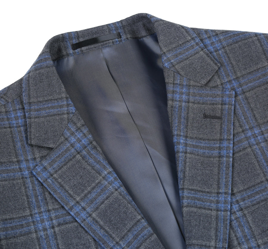 Mens Two Button Classic Fit Vested Wool Suit in Grey & Blue Windowpane Plaid