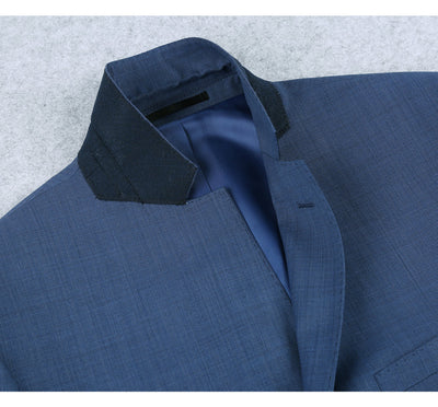 Mens Basic Two Button Slim Fit Wool Suit in Steel Blue