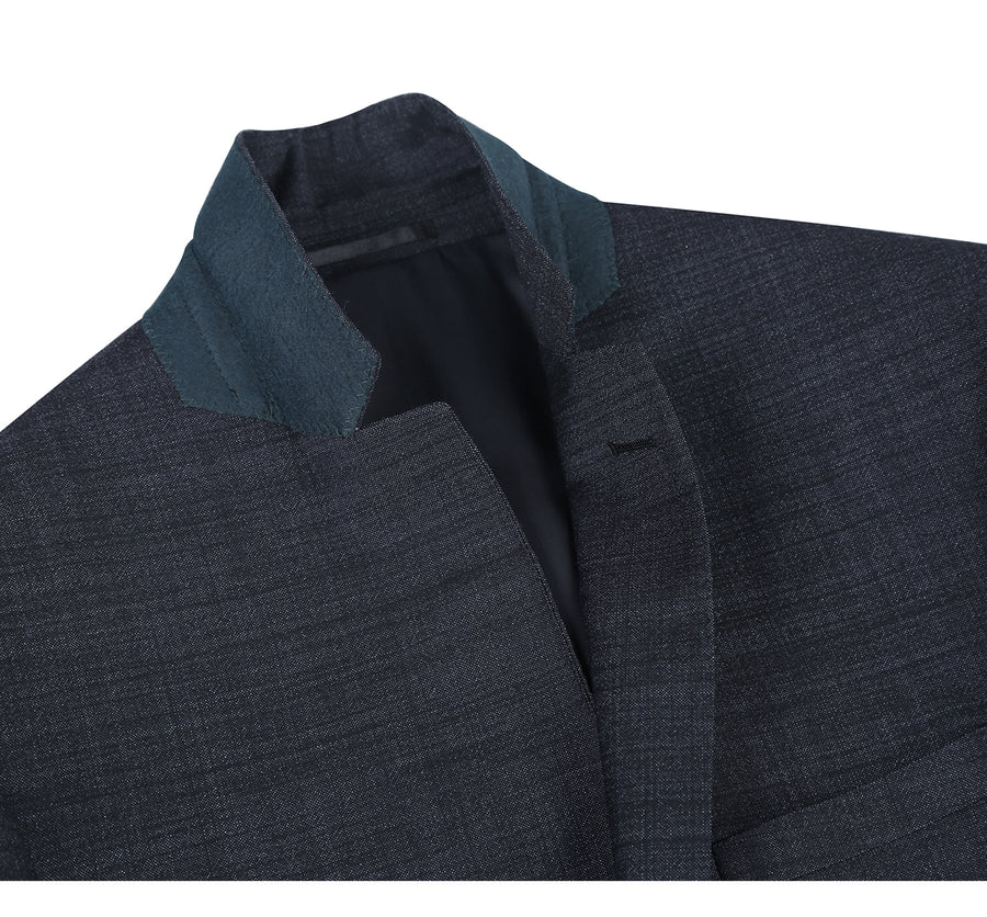 Mens Basic Two Button Slim Fit Wool Suit in Charcoal Grey Weave