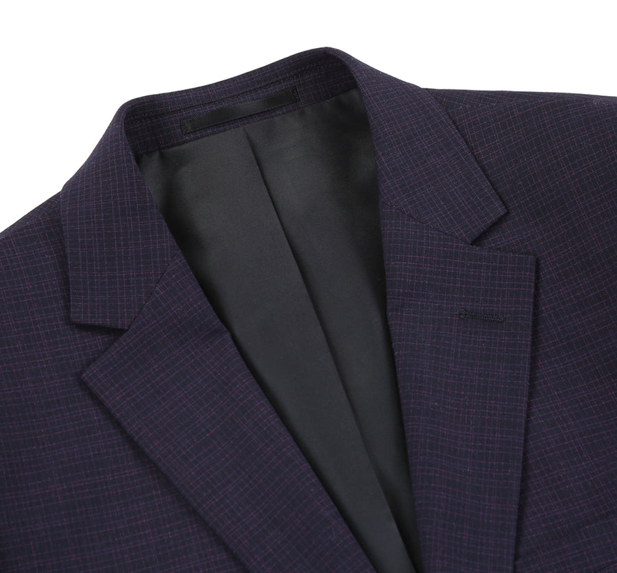 Mens Two Button Slim Fit Two Piece Suit in Black & Magenta Mini Check