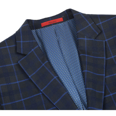 Mens Slim Fit Two Button Suit in Dark Blue Wide Windowpane Plaid