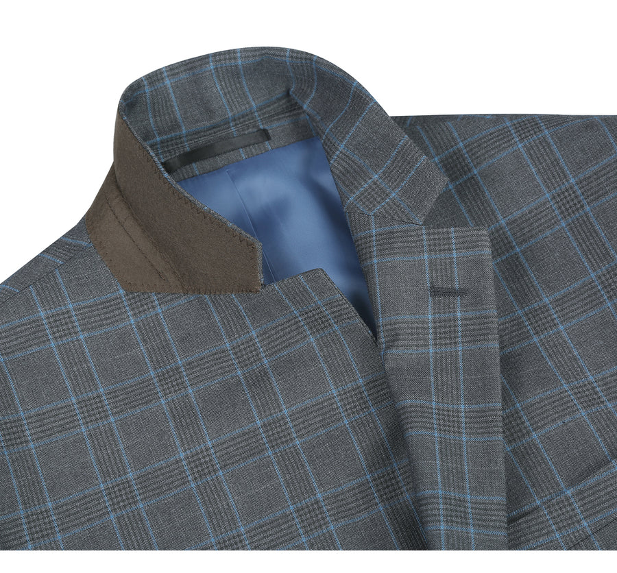 Mens Two Button Classic Fit Two Piece Suit in Grey & Blue Windowpane Plaid