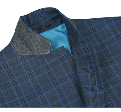 Mens Two Button Classic Fit Two Piece Suit in Blue Windowpane Plaid Check