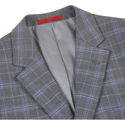 Mens Classic Fit Two Button Suit in Dark Grey and Lavender Windowpane Plaid