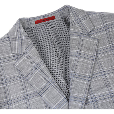 Mens Classic Fit Two Button Suit in Light Grey and Navy Blue Windowpane Plaid