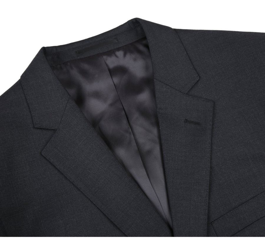 Mens Basic Two Button Slim Fit Wool Suit with Optional Vest in Charcoal Grey