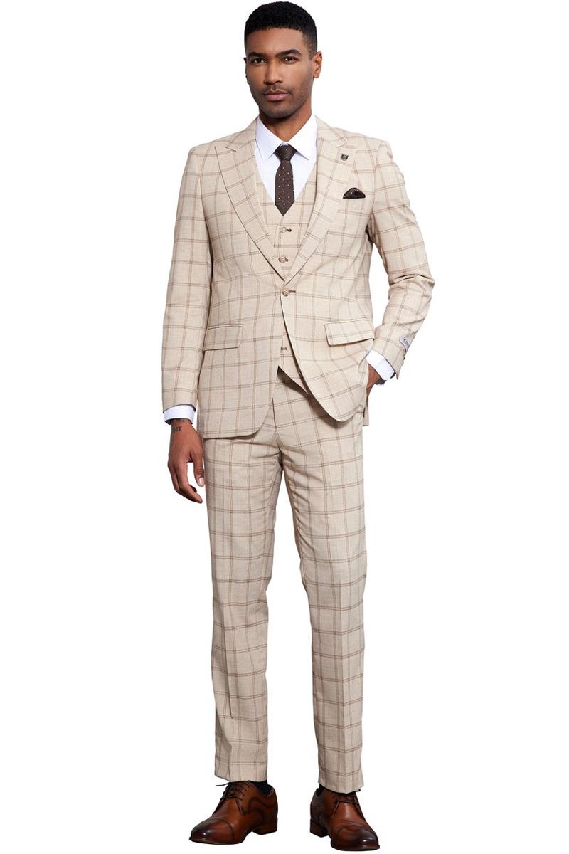 Men's Stacy Adams One Button Peak Lapel Vested Windowpane Plaid
