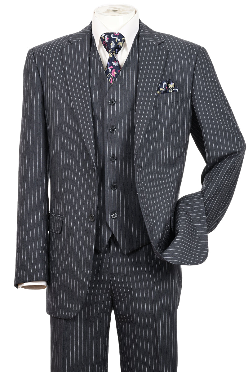Mens 2 Button Vested Bold Pinstripe Gangster Suit in Charcoal Grey ...