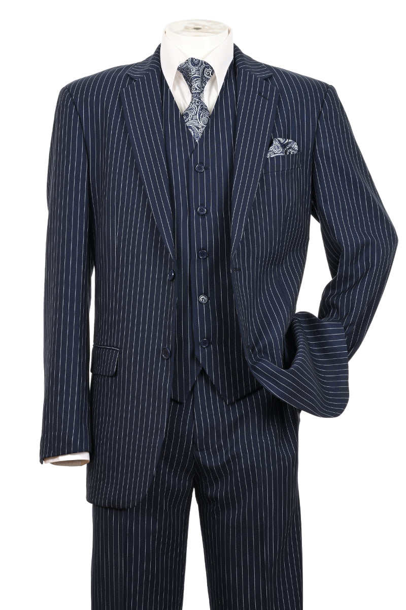 Mens 2 Button Vested Bold Pinstripe Gangster Suit in Navy ...
