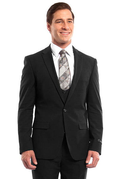 Men's One Button Peak Lapel Skinny Wedding & Prom Suit with Lowcut Vest in Black