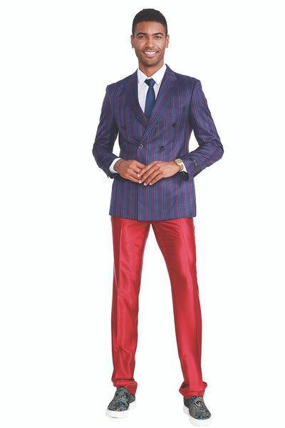 Men's Slim Fit Double Breasted Fashion Suit in Navy Blue with Red Pinstripes and Red Satin Pants