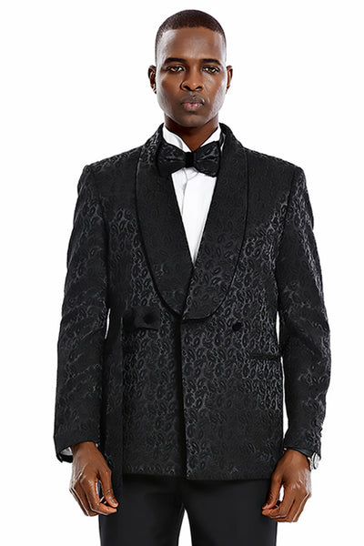 Men's Slim Fit Double Breasted Smoking Jacket Prom & Wedding Tuxedo in Black Paisley