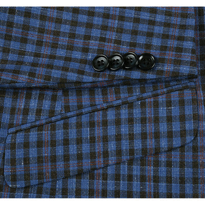 Mens Two Button Slim Fit Wool Sport Coat Blazer in Navy Blue & Burgundy Mini Check