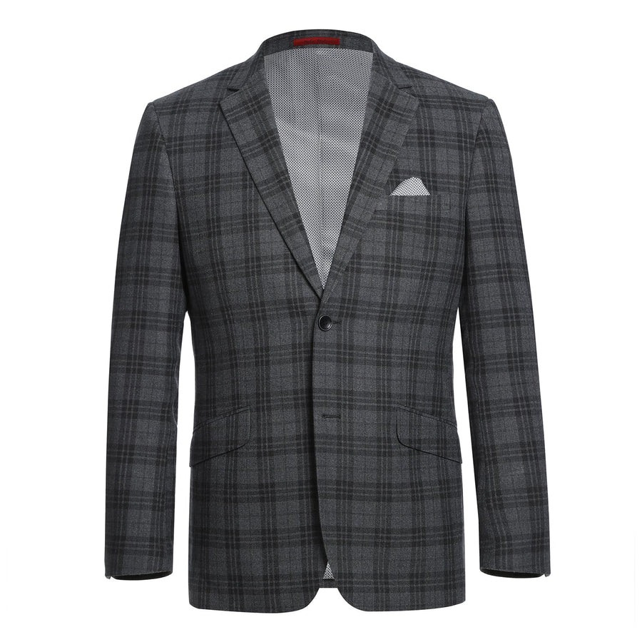 Mens Two Button Slim Fit Two Piece Hack Pocket Suit in Charcoal Grey Windowpane Plaid