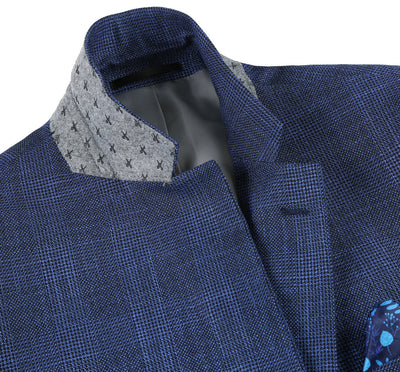 Mens Two Button Classic Fit Sport Coat Blazer in Navy Blue Windowpane Plaid