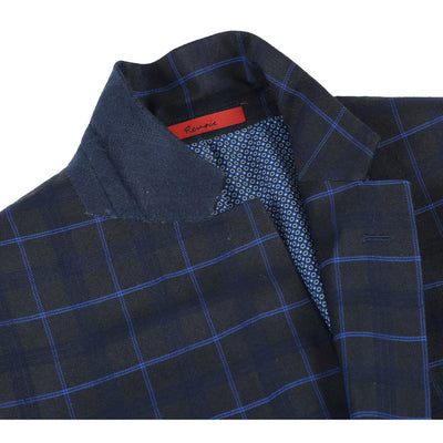 Mens Slim Fit Two Button Suit in Dark Blue Wide Windowpane Plaid