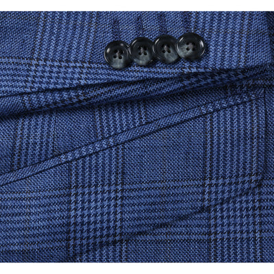 Mens Slim Fit Two Button Summer Linen Sport Coat Blazer in Navy Blue Windowpane Plaid