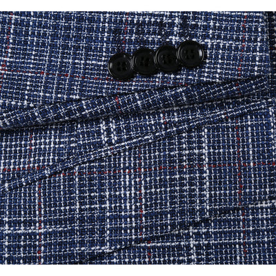 Mens Slim Fit Two Button Wool & Linen Sport Coat Blazer in Blue Windowpane Plaid