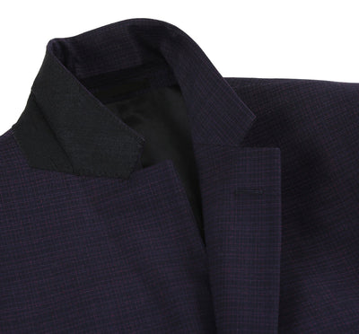 Mens Two Button Slim Fit Two Piece Suit in Black & Magenta Mini Check