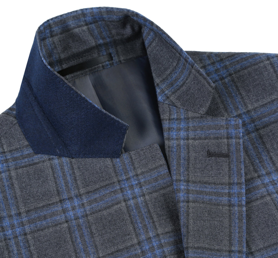 Mens Two Button Classic Fit Vested Wool Suit in Grey & Blue Windowpane Plaid