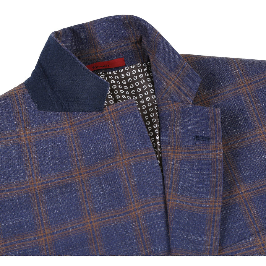 Mens Slim Fit Two Button Sport Coat Blazer in Navy Blue & Gold Windowpane Plaid