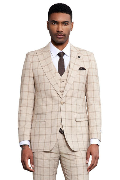 Men's Stacy Adams One Button Peak Lapel Vested Windowpane Plaid Suit in Tan