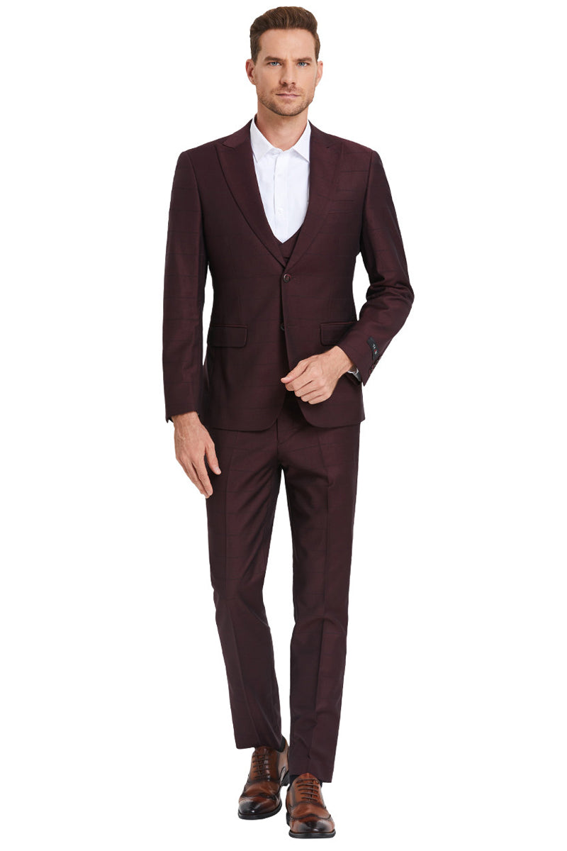 Men's Two Button Vested Peak Lapel Sharkskin Suit in Burgundy Windowpane Plaid