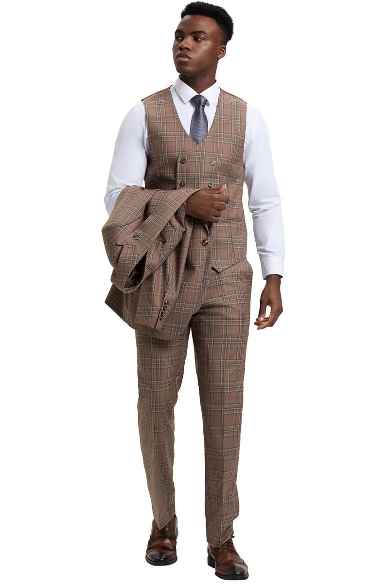 Stacy Adams Men's 3 Piece Plaid Hybrid Suit - Double Breasted Vest - Brown - 46L Stacy Adams Men's 3 Piece Plaid Hybrid Suit - Double Breasted Vest - Brown - 46L