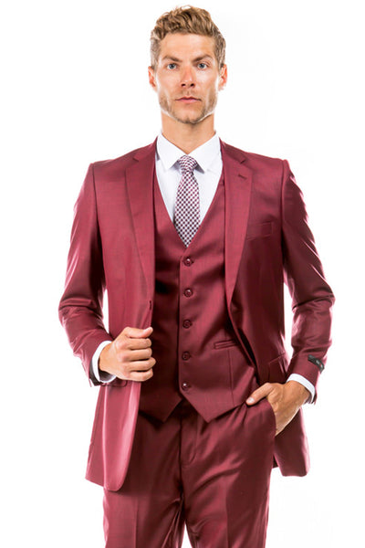 Men's Two Button Hybrid Fit Vested Sharkskin Wedding & Business Suit in Cranberry Red