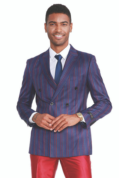 Men's Slim Fit Double Breasted Fashion Suit in Navy Blue with Red Pinstripes and Red Satin Pants