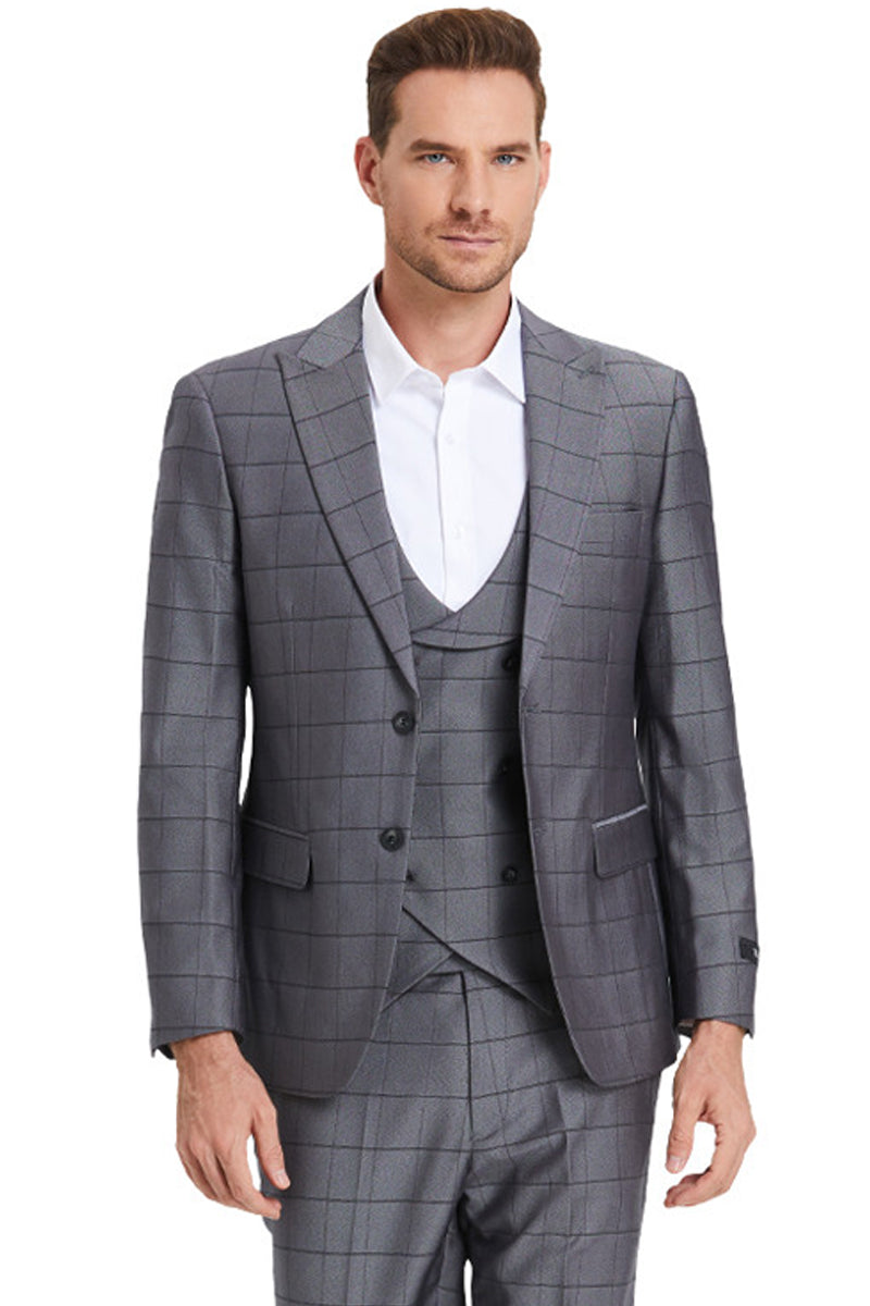 Men's Two Button Vested Peak Lapel Sharkskin Suit in Charcoal Grey Windowpane Plaid