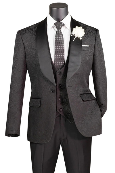 Men's Slim Fit Vested Paisley Wedding Tuxedo in Black