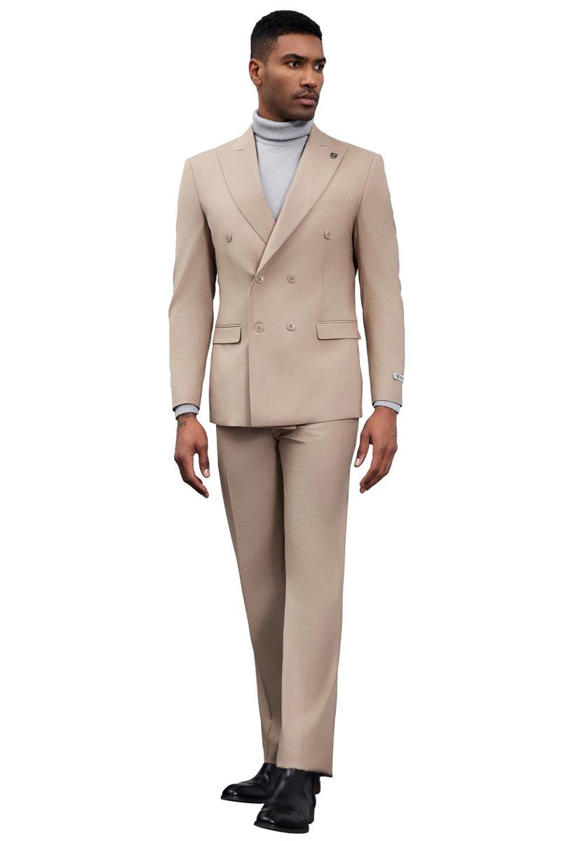 Men's Designer Stacy Adams Classic Double Breasted Suit in Tan