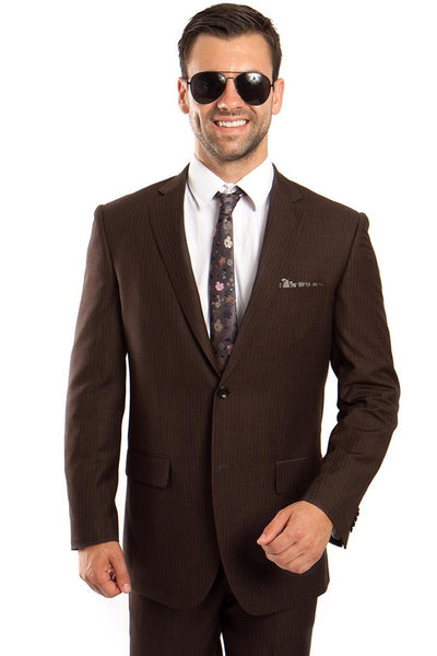 Men's Two Button Regular Fit Micro Pinstripe Business Suit in Brown