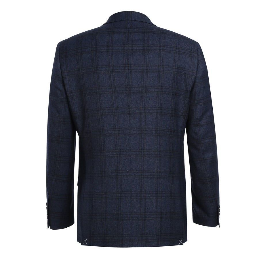 Mens Two Button Slim Fit Two Piece Hack Pocket Stretch Suit in Navy Blue Windowpane Plaid