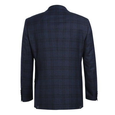 Mens Two Button Slim Fit Two Piece Hack Pocket Stretch Suit in Navy Blue Windowpane Plaid