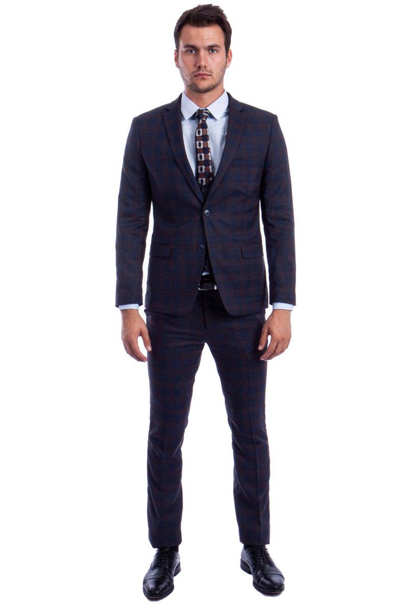 Men's Two Button Vested Skinny Fit Suit with Low Cut Vest in Blue & Brown Plaid