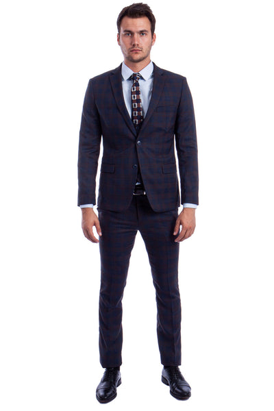 Men's Two Button Vested Skinny Fit Suit with Low Cut Vest in Blue & Brown Plaid