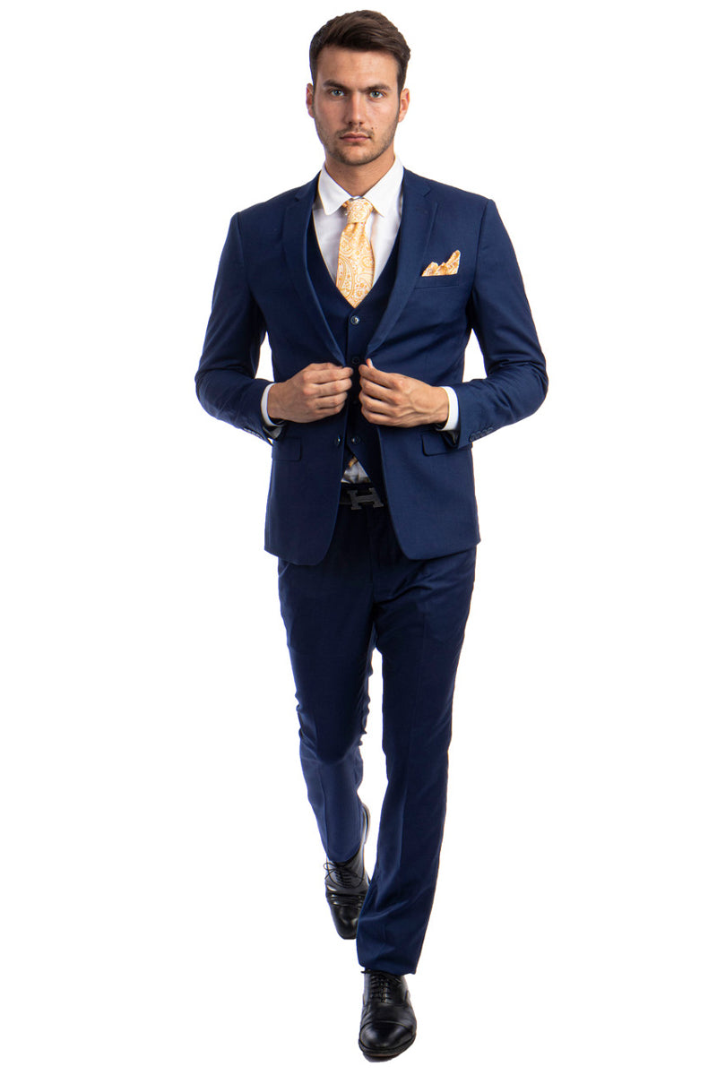 Men's Two Button Slim Fit Vested Solid Basic Color Suit in Indigo Blue