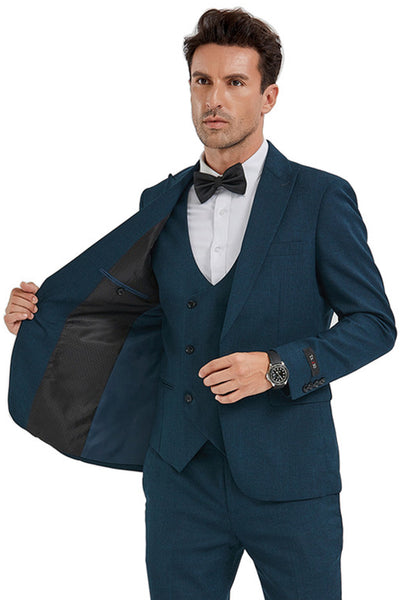 Men's Slim Fit One Button Peak Lapel Suit with Double Breasted Vest in Dark Teal Sharkskin