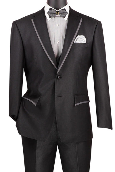 Men's Modern Fit Tuxedo Suit with Double Breasted Vest and Satin Trim in Black