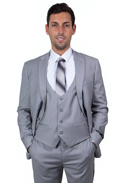 Men's One Button Peak Lapel Skinny Wedding & Prom Suit with Lowcut Vest in Light Grey