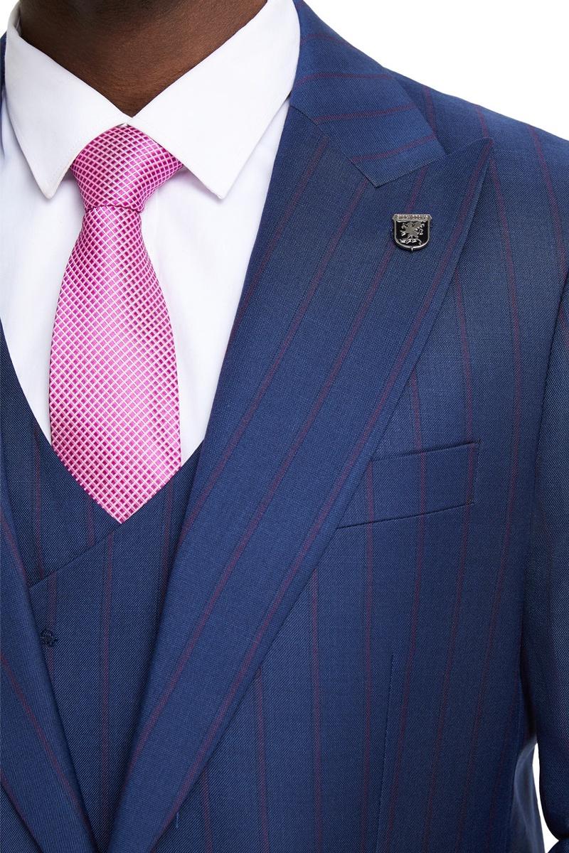 Men's Stacy Adams Vested One Button Side Peak Lapel Pinstripe Suit in Navy Blue