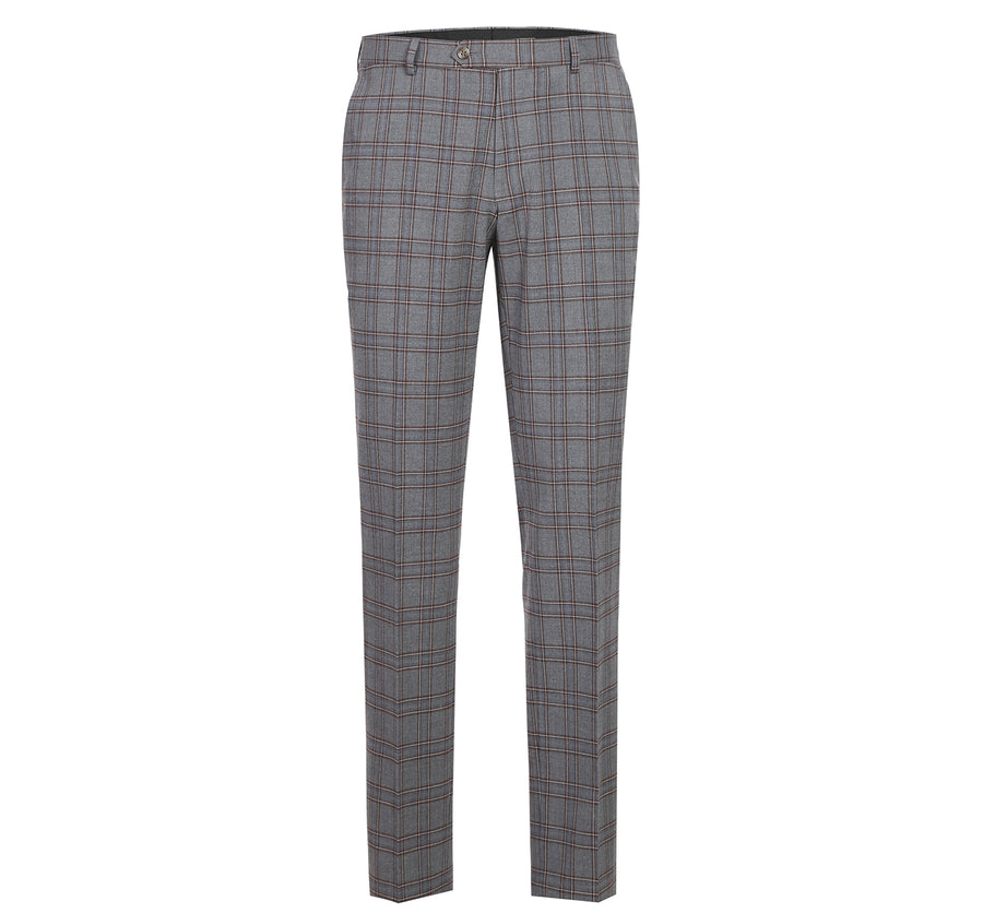 Mens Two Button Slim Fit Two Piece Suit in Grey & Bronze Windowpane Plaid