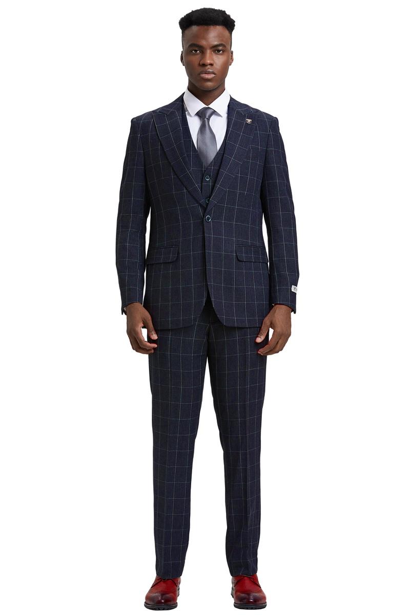 Men's Stacy Adams Vest Classic Bold Windowpane Suit in Navy Blue