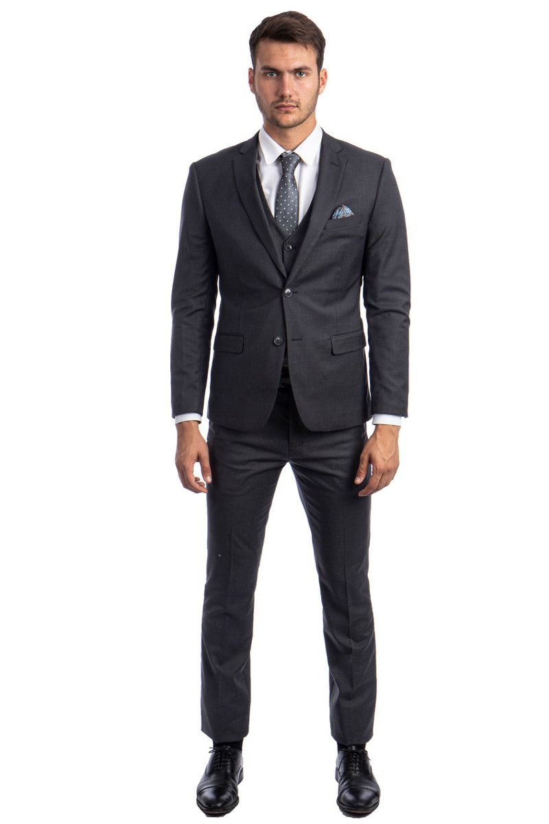 Men's Two Button Slim Fit Vested Solid Basic Color Suit in Charcoal Grey