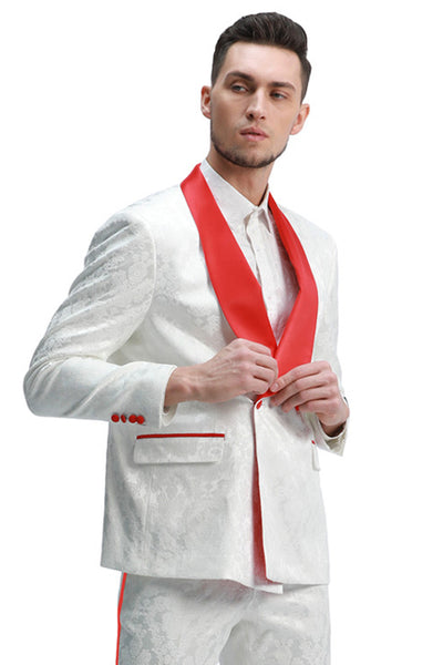 Men's Slim Fit Double Breasted Paisley Smoking Jacket Prom & Wedding Tuxedo in White & Red
