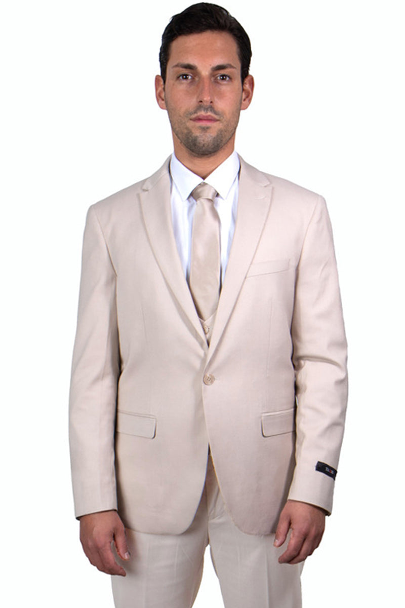 Men's One Button Peak Lapel Skinny Wedding & Prom Suit with Lowcut Vest in Tan